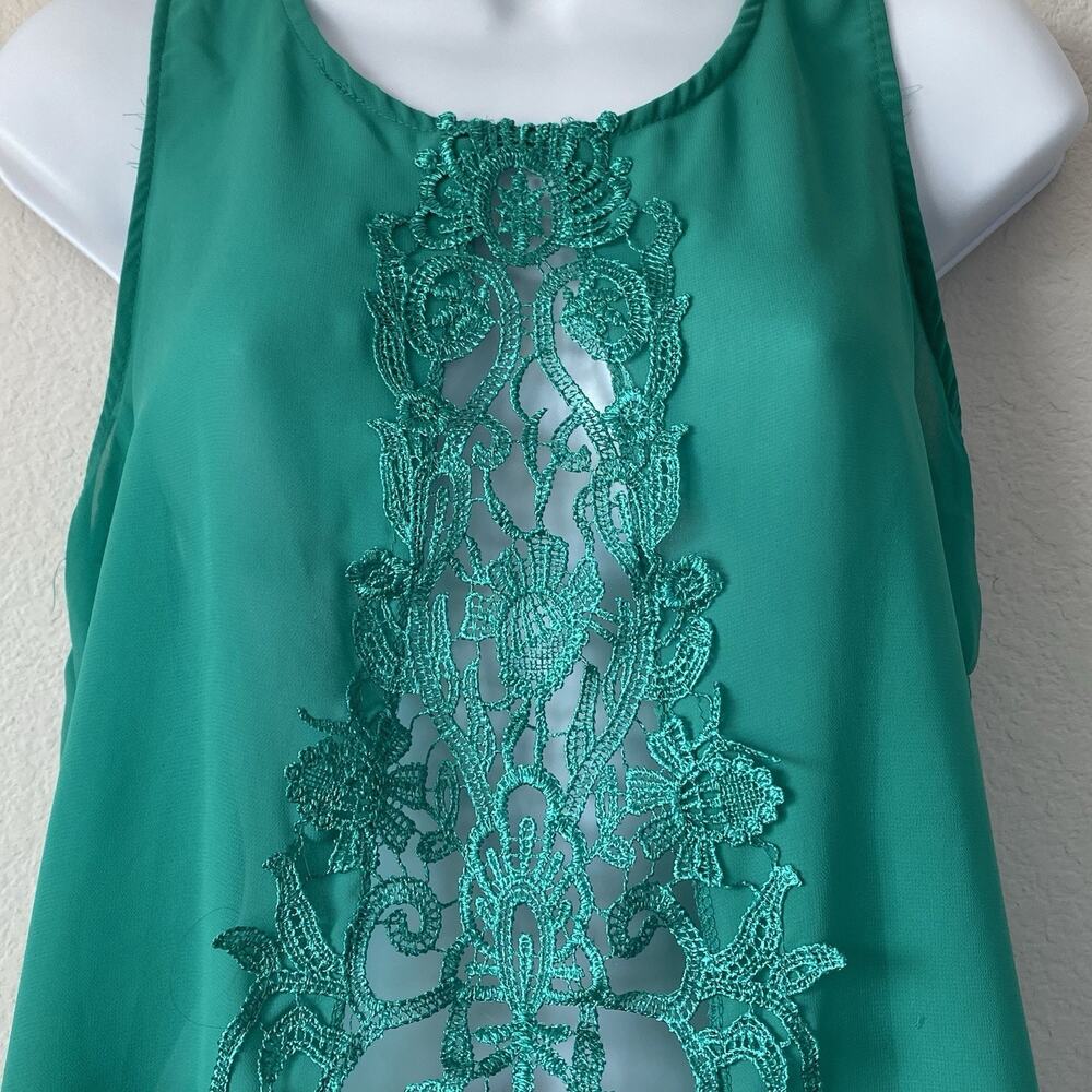 IKY Love Me Kelly Green Sheer Tank Front Crochet Med Festive Lightweight Boho - Picture 5 of 12